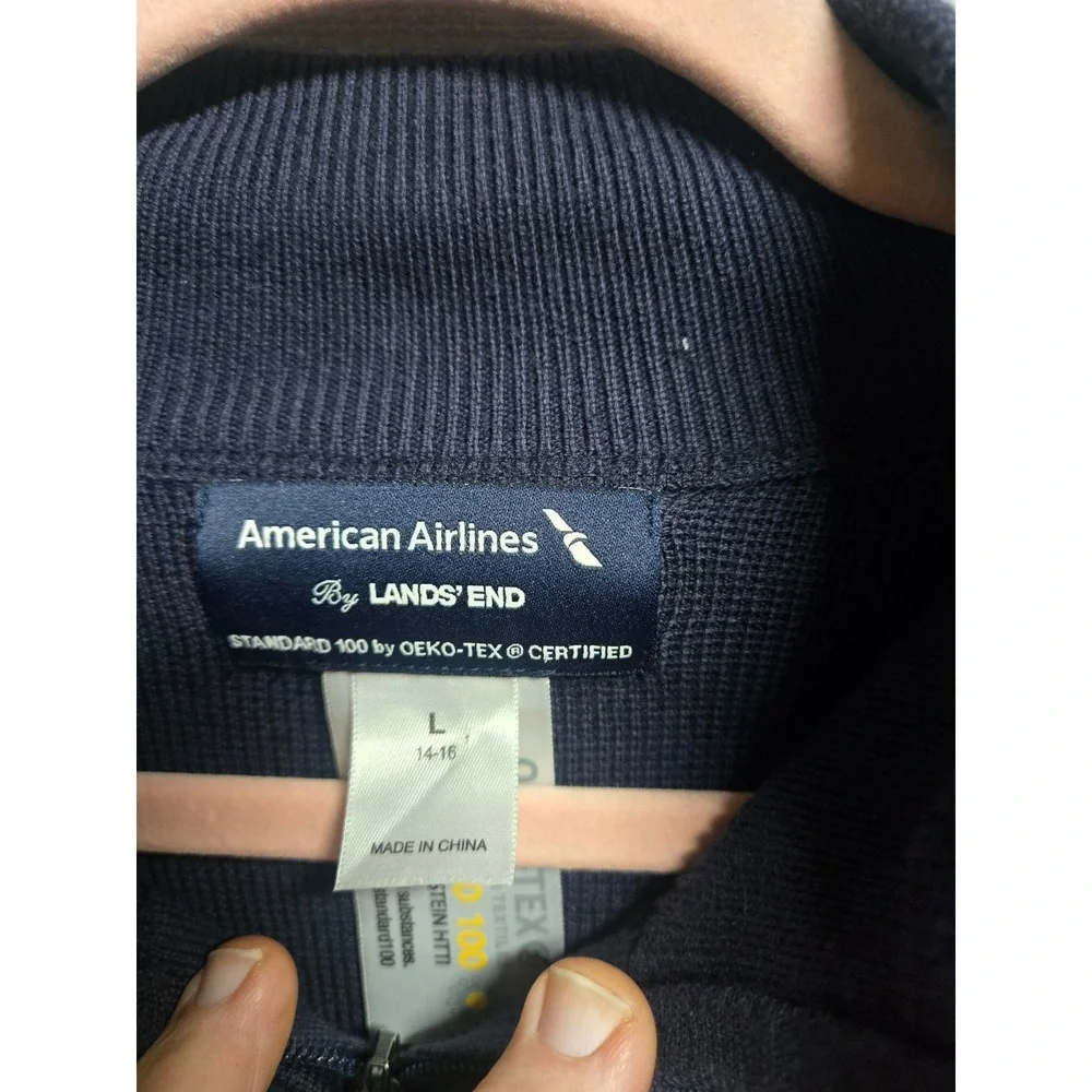 Lands' End American Airlines Navy Full Zip Mock Neck Cardigan Sweater Large